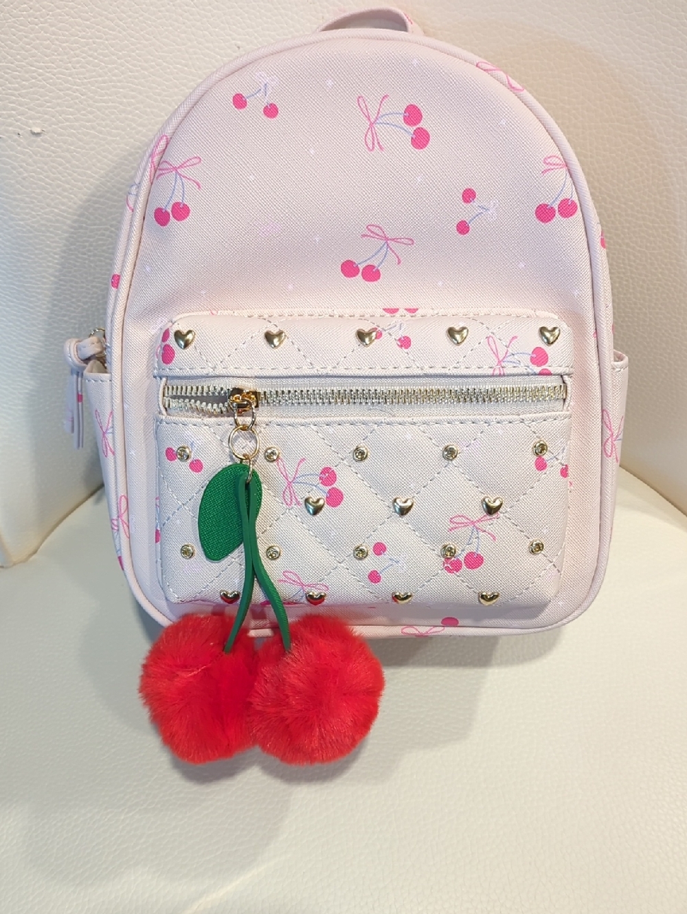 Under One Sky Pink Cherry Print Mini Backpack with Red Pom Pom